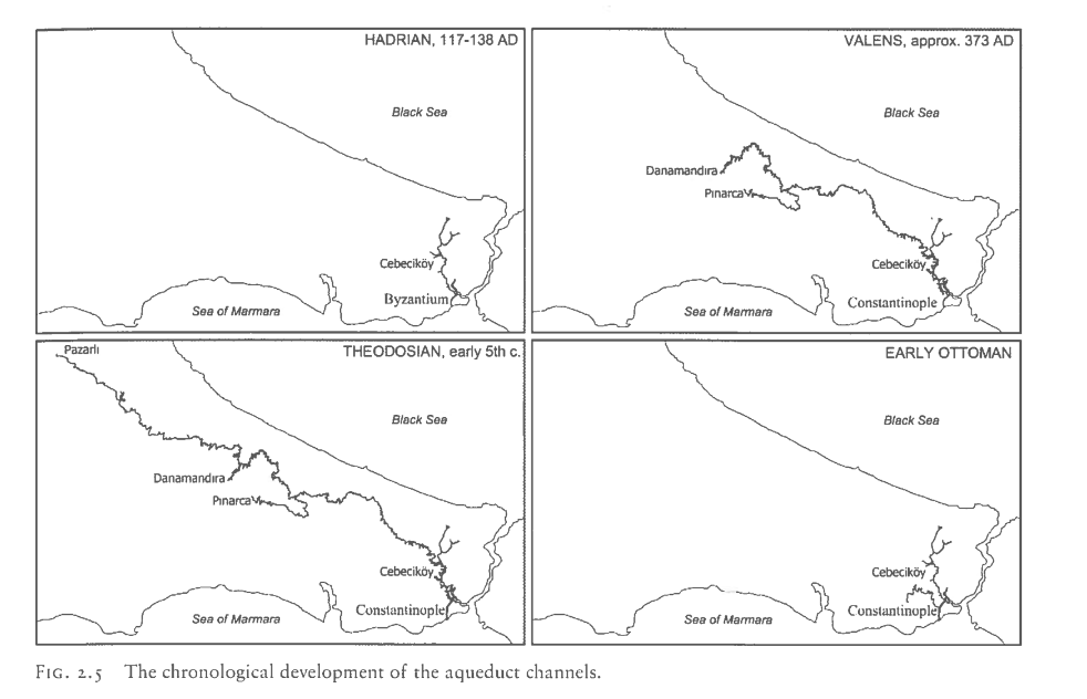 A map showing the evolution of the water supply of Constantinople/Istanbul. The Hadrianic line was partially reused by the Ottomans, who called their water system 