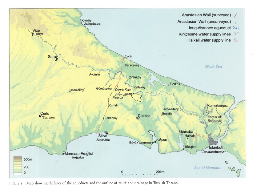 Map showing the line of the aqueducts and the outline of relief and drainage in Turkish Thrace.