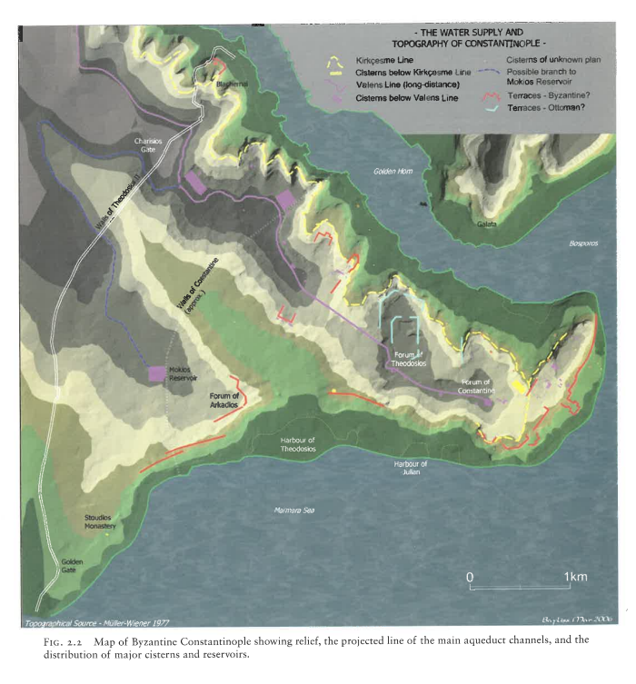 Map of Byzantine Constantinople showing relief, the projected line of the main aqueduct channels and the distribution of major cisterns and reservoirs.