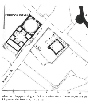 Floorplan of İshak Paşa Hamam. Müller-Wiener 1977 fig. 502 p. 423.