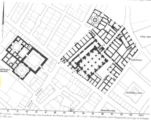 Map of the building group of the Rüstem Paşa Camii including the Tahtakale Baths. Müller-Wiener 1977 p. 454 Fig. 545.