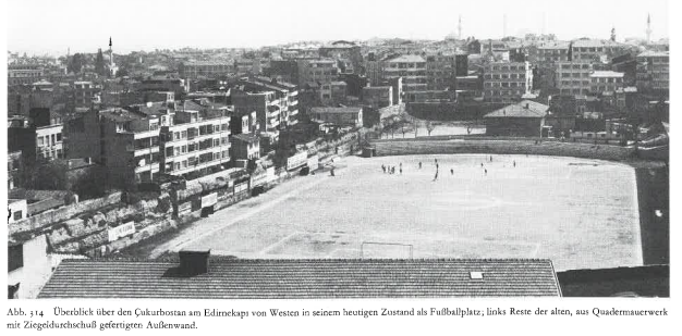 View of the Aetius Cistern from the west in its current allocation as football field. On the left the remains of the masonry of the outer wall can be seen. Müller-Wiener 1977 p. 278 Fig. 314