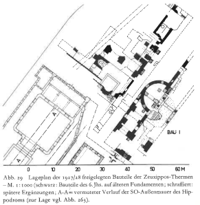 Site map of the in 1927/28 uncovered parts of the building of the Baths of Zeuxippos Müller-Wiener 1977 p. 51 Fig. 29
